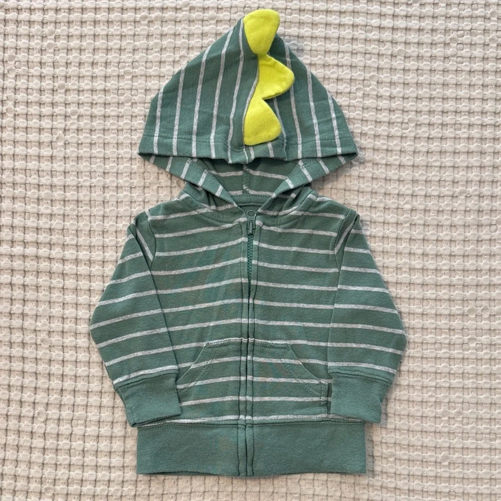 3/$15 🌸 Carter’s Child of Mine Dinosaur Hoodie Green Stripe Zip Up Jacket